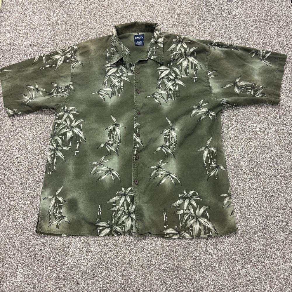 Puritan Shirt Mens Large Green Floral Short Sleeve Button Up Hawaiian Casual